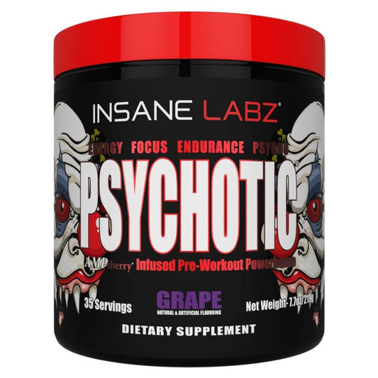 Psychotic, High Stimulant Pre Workout Powder, Extreme Lasting Energy, Focus and Endurance with Beta Alanine, Creatine Monohydrate DMAE, 35 Srvgs (Grape) - 215g